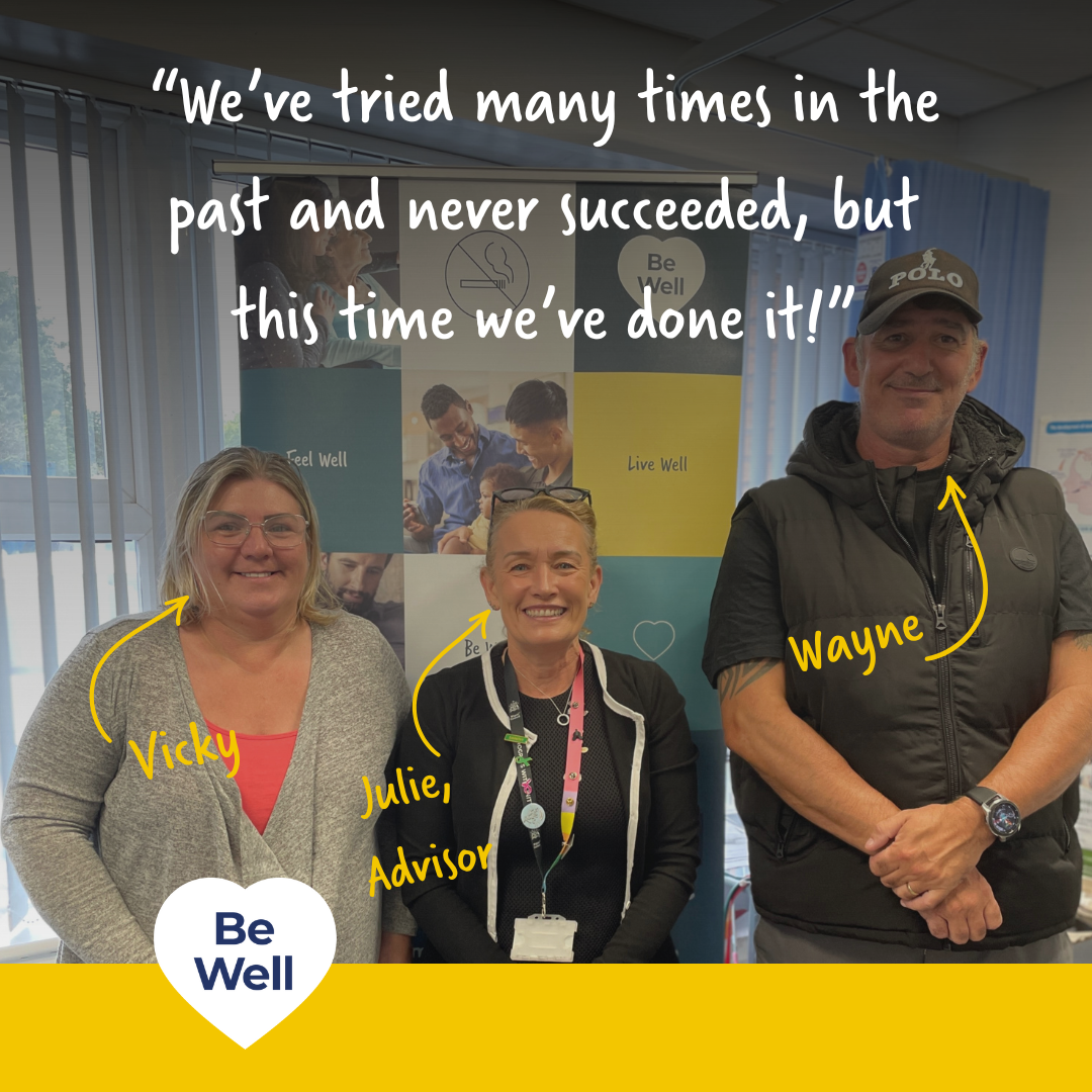 Be Well Stop Smoking Service clients Vicky and Wayne with health advisor Julie