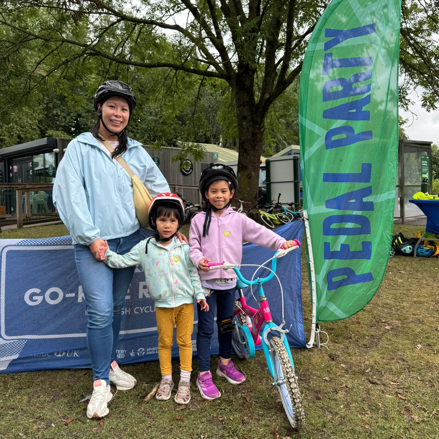 A woman and two girls at a Pedal Party at Pennington Flash