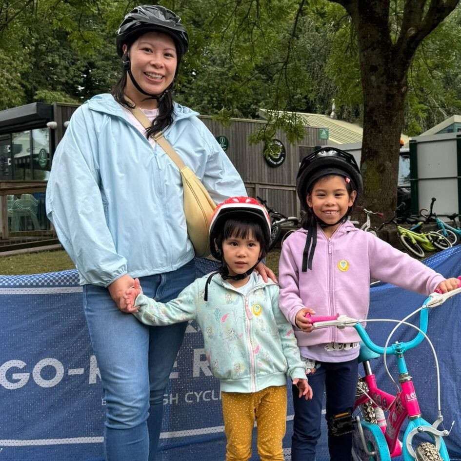 A woman and two girls at a Pedal Party at Pennington Flash