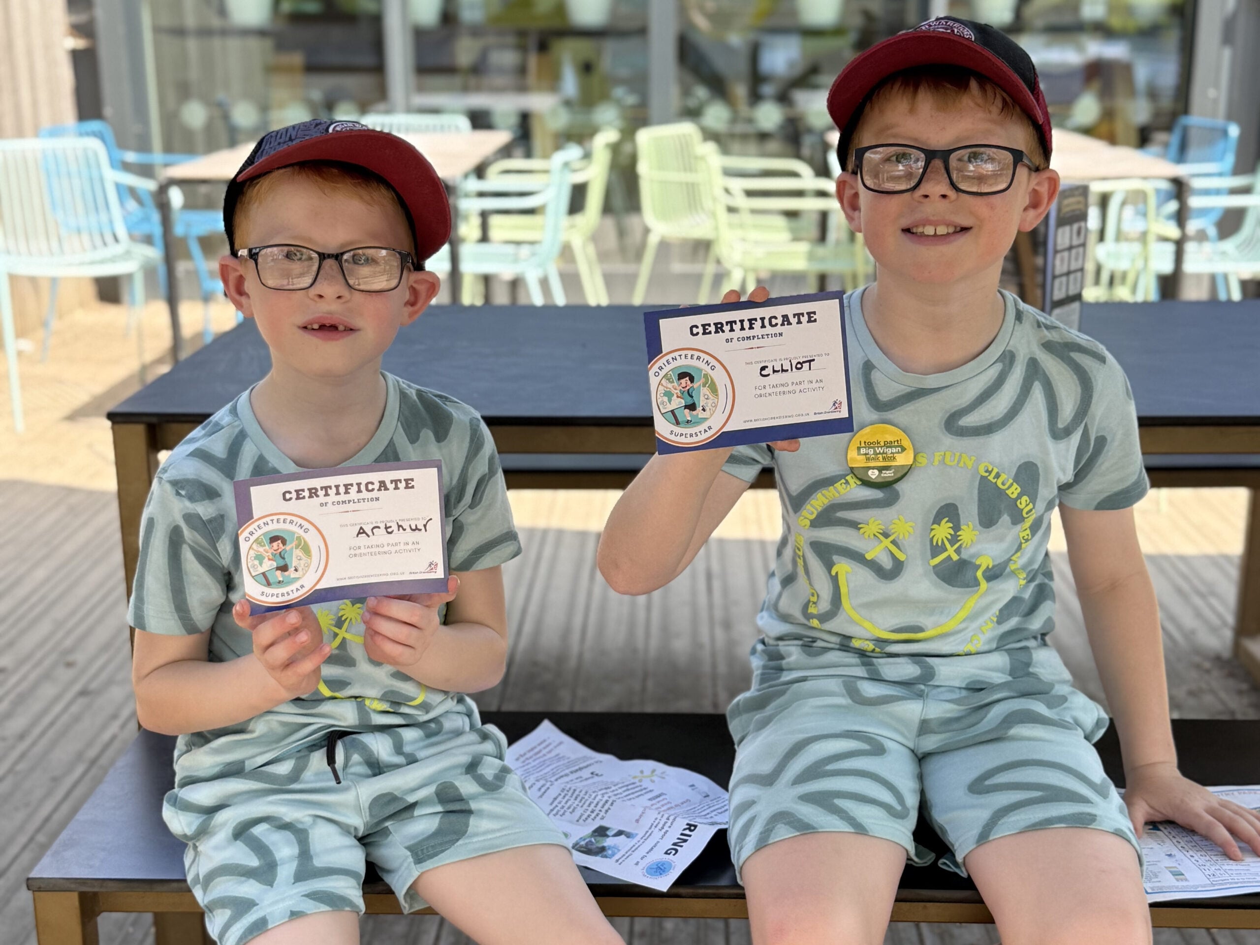 Two children with orienteering maps at Pennington Flash